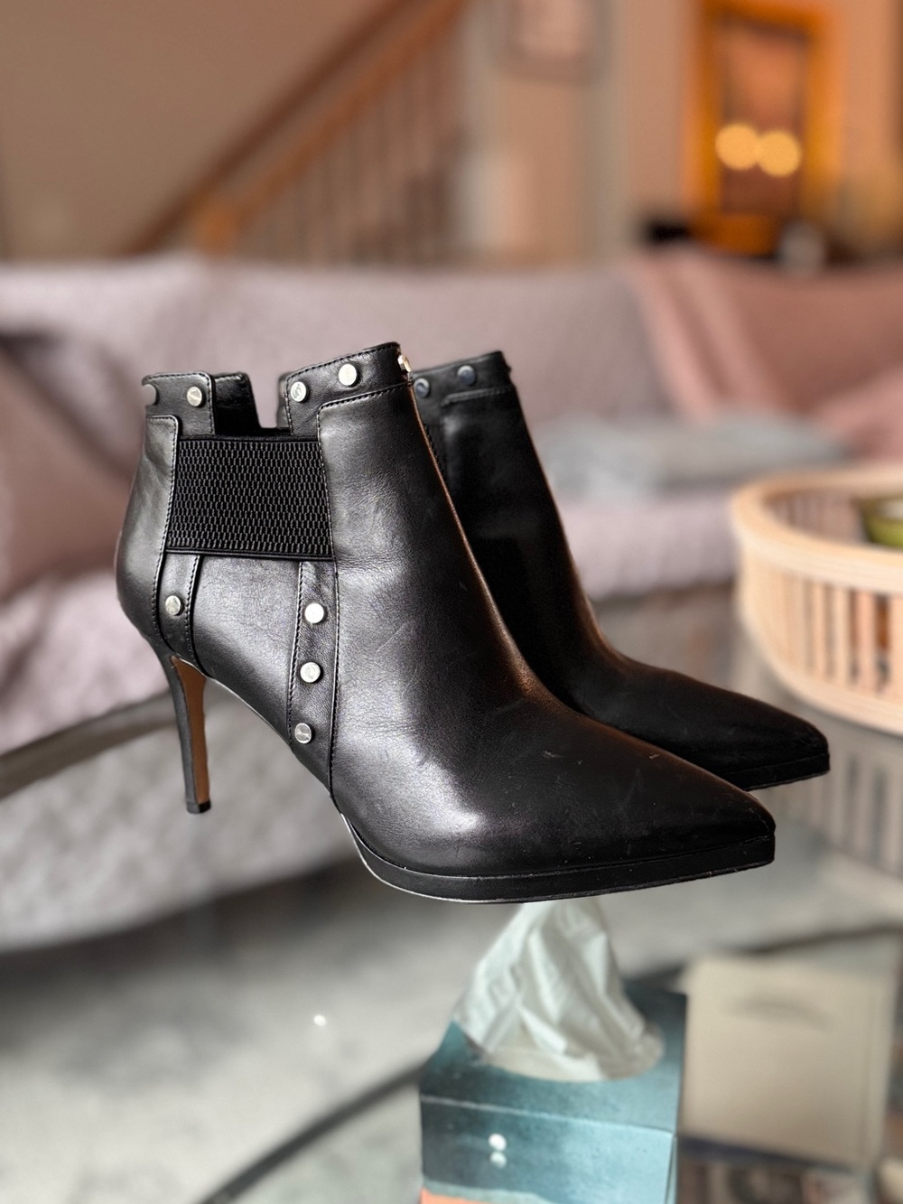 Karl Lagerfeld Black Leather Pointed-Toe Studded Ankle Booties
